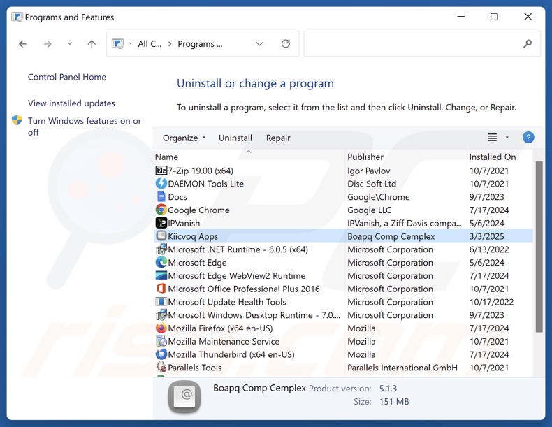Kiicvoq Apps odinstalowanie via Control Panel