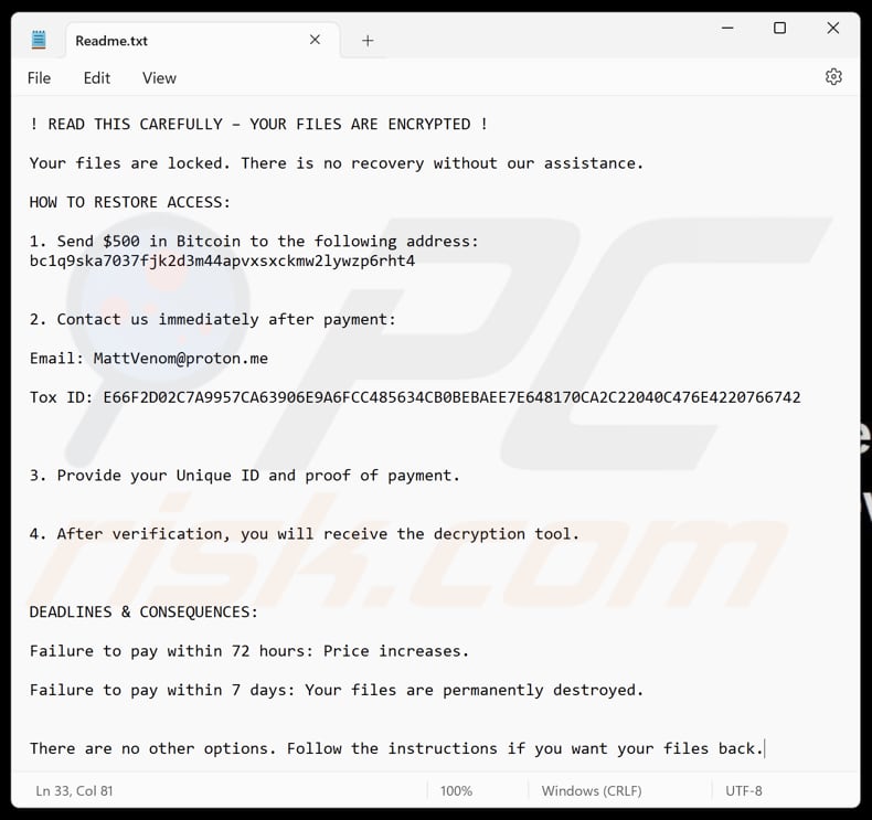 MattVenom ransomware plik tekstowy (Readme.txt)