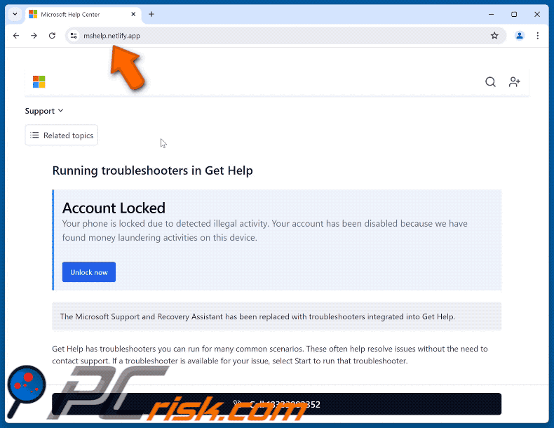 Wygląd Microsoft Account Locked oszustwo (GIF)