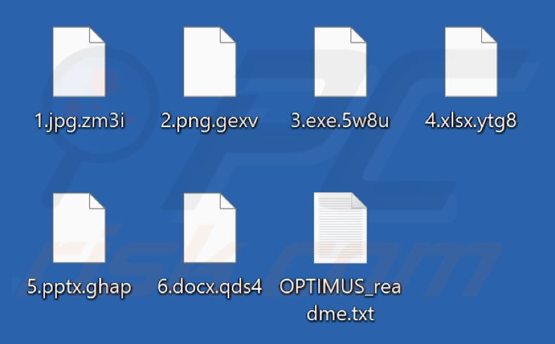 Pliki zaszyfrowane przez Optimus ransomware (losowe rozszerzenie)