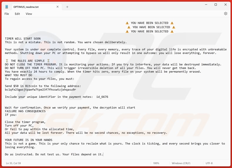 Optimus ransomware plik tekstowy (OPTIMUS_readme.txt)