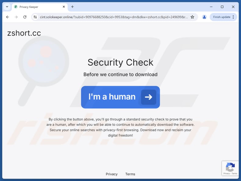 Strona internetowa używana do promowania potencjalnie niechcianej aplikacji PrivacyKeeper