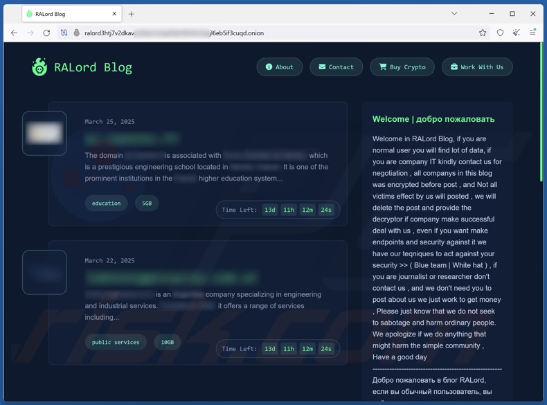 RALord ransomware strona internetowa ujawniająca dane
