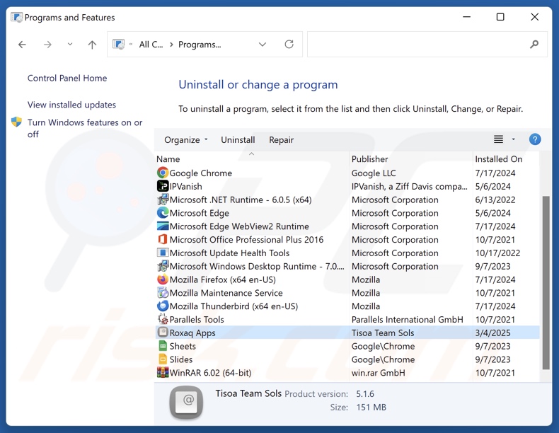 Roxaq Apps odinstalowanie via Control Panel