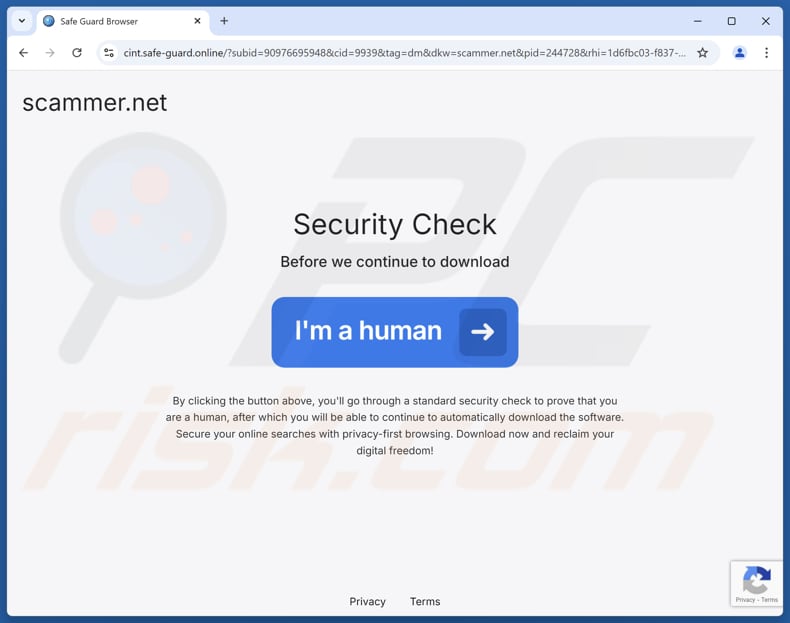 Strona internetowa używana do promowania SafeGuard Browser Potencjalnie niechciana aplikacja