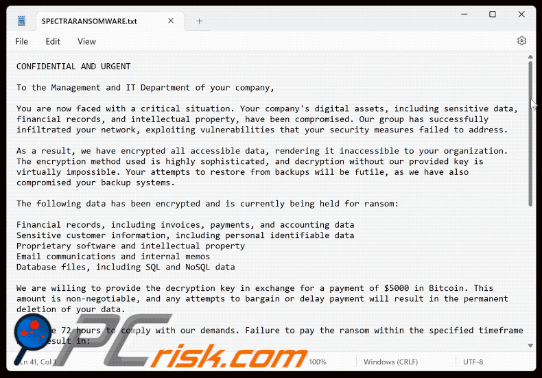 Spectra ransomware plik tekstowy (SPECTRARANSOMWARE.txt)
