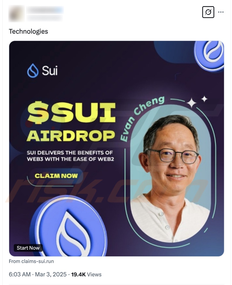 $SUI Airdrop oszustwo promujące post X (Twitter)