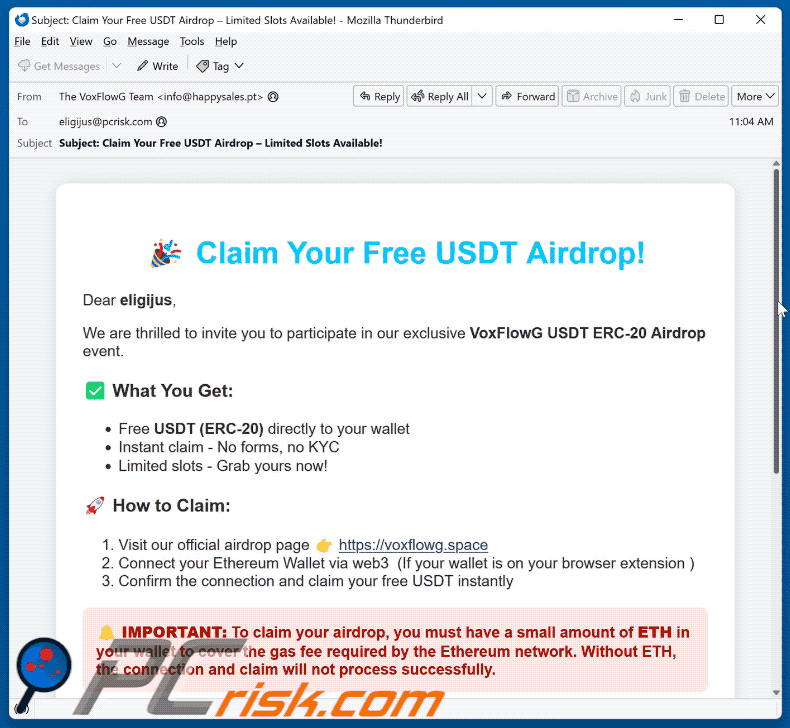 VoxFlowG USDT Airdrop pojawienie się oszukańczej wiadomości e-mail (GIF)