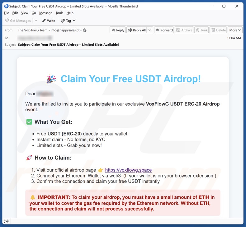 VoxFlowG USDT Airdrop Kampania spamowa e-mail