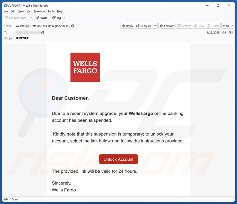 Wells Fargo - Account Suspended Kampania spamowa e-mail