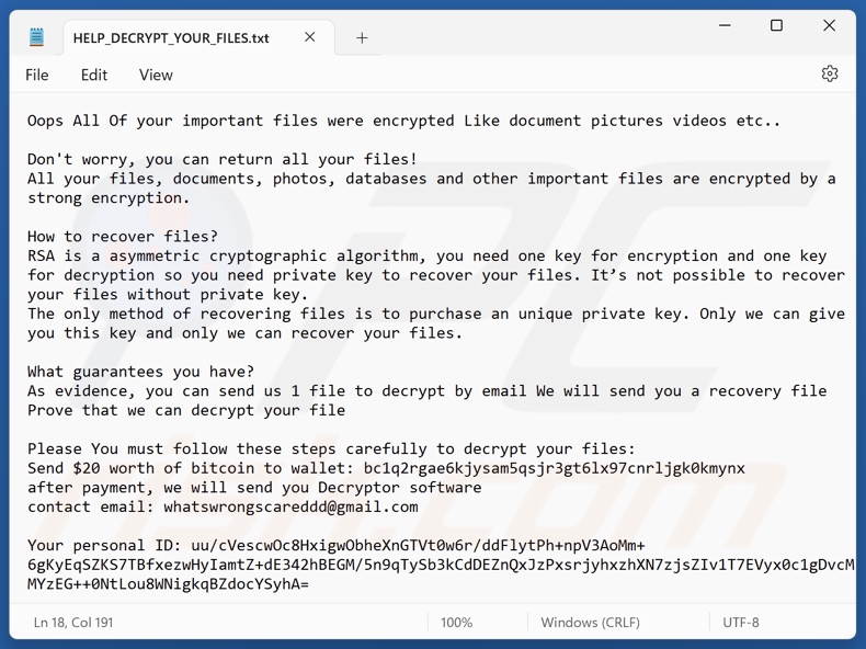 Worry (WhatsWrongScared) ransomware okup (HELP_DECRYPT_YOUR_FILES.txt)