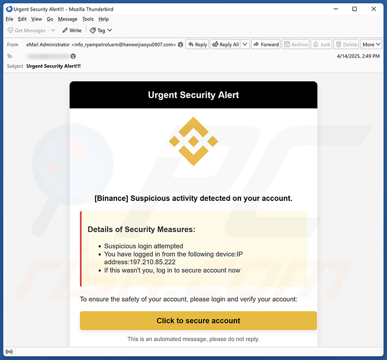 Binance - Urgent Security Alert kampania spamowa