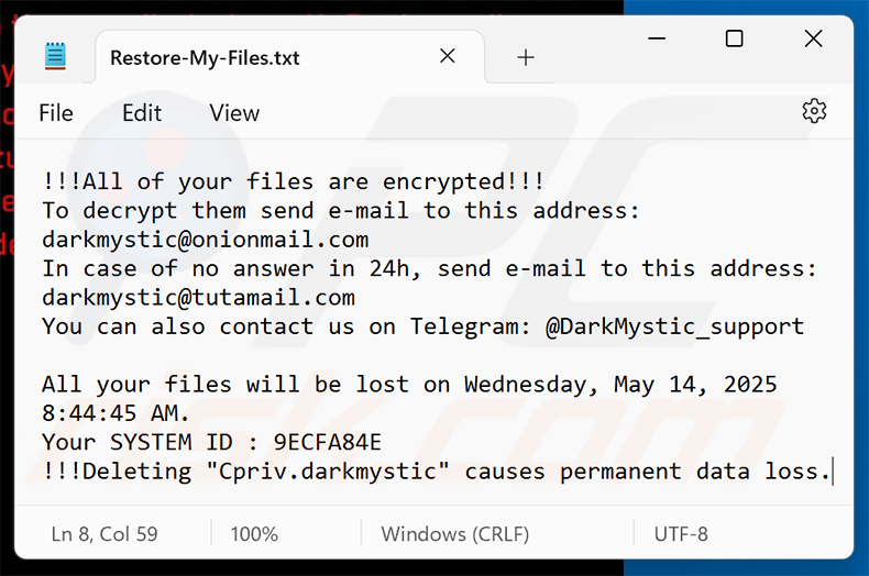 DarkMystic (BlackBit) ransomware plik tekstowy (Restore-My-Files.txt)
