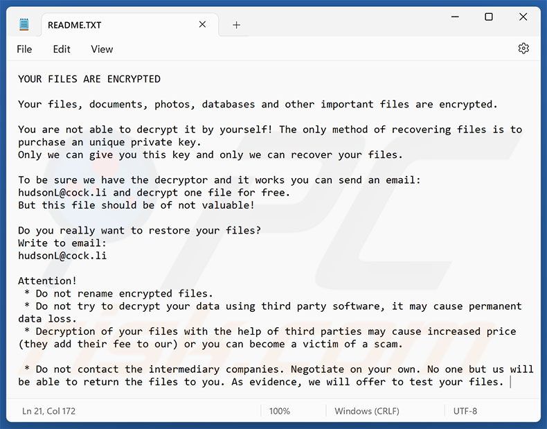 Hudson ransomware żądanie okupu (README.TXT)