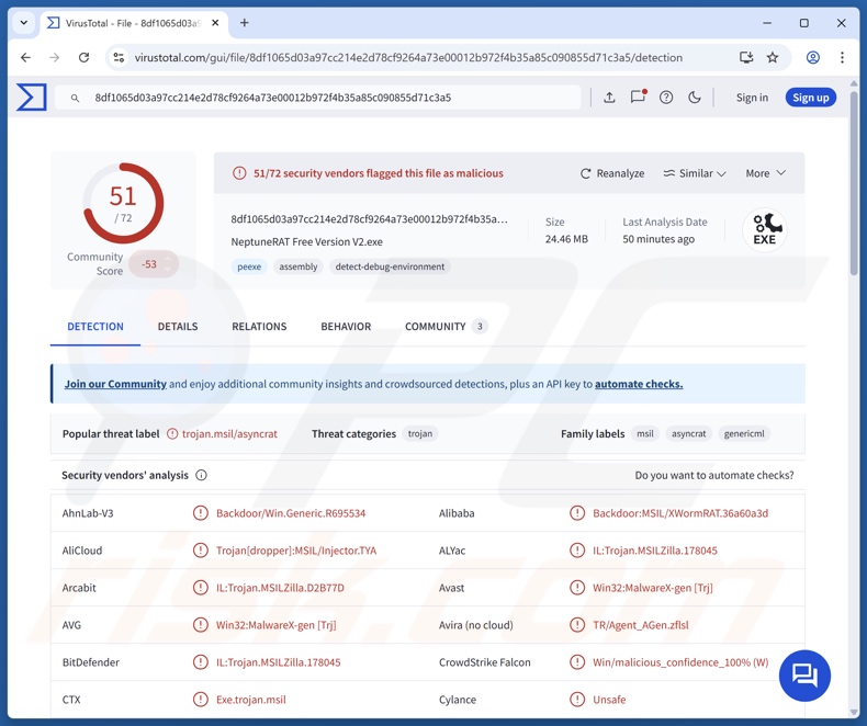 Neptune malware wykrycia w serwisie VirusTotal