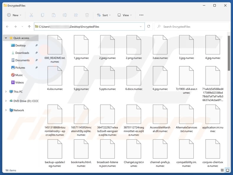 Pliki zaszyfrowane przez oprogramowanie ransomware Numec (rozszerzenie .numec)