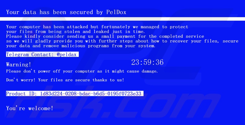 PelDox ransomware żądanie okupu (wiadomość pełnoekranowa)