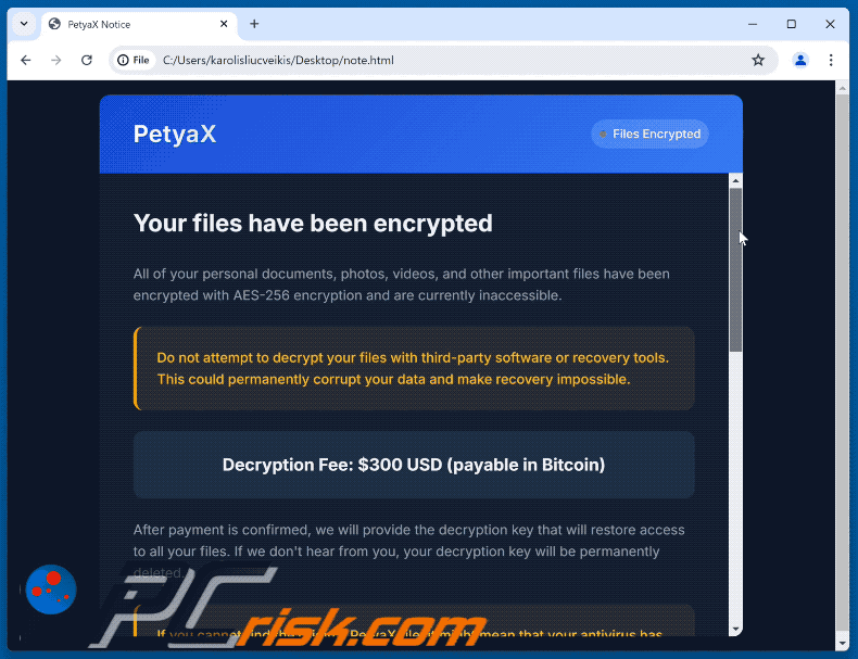 PetyaX ransomware żądanie okupu (note.html) GIF