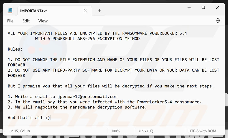 Notatka ransomware PowerLocker (IMPORTANT.txt)