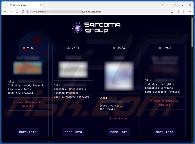 Sarcoma Group ransomware strona z wyciekiem danych