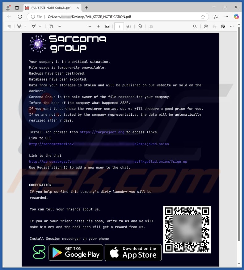 Sarcoma Group ransomware plik noty okupu (FAIL_STATE_NOTIFICATION.pdf)