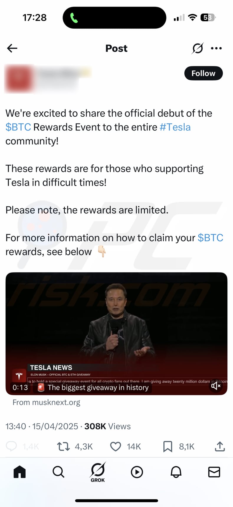Tesla Foundation Giveaway Oszustwo – drugi fałszywy post