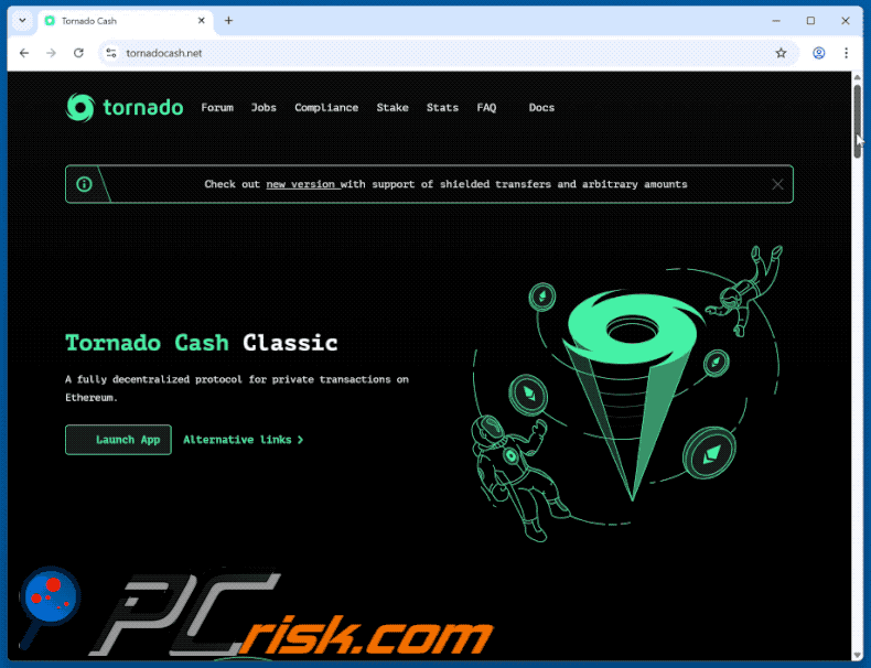 Wygląd strony internetowej oszustwa Tornado Cash (GIF)