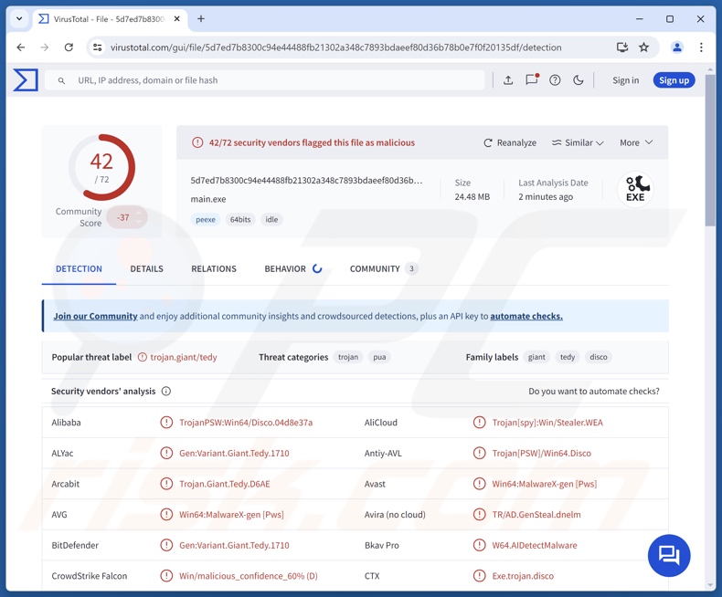 TROX malware wykrycia w serwisie VirusTotal