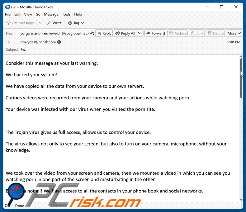 We Hacked Your System pojawienie się oszukańczej wiadomości e-mail (GIF)