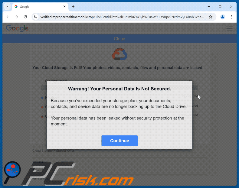 Your Cloud Storage Is Full oszustwo e-mail promowana strona (GIF)