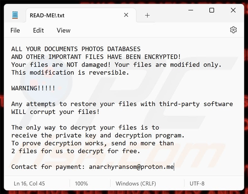 Notatka ransomware AnarchyRansom (READ-ME!.txt)