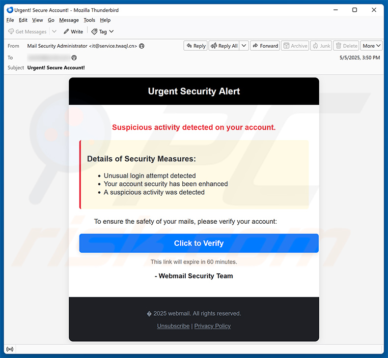 Binance - Urgent Security Alert email oszustwo (2025-05-06)