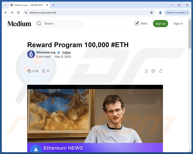 Strona początkowa oszustwa „Program nagród Ethereum (ETH)”