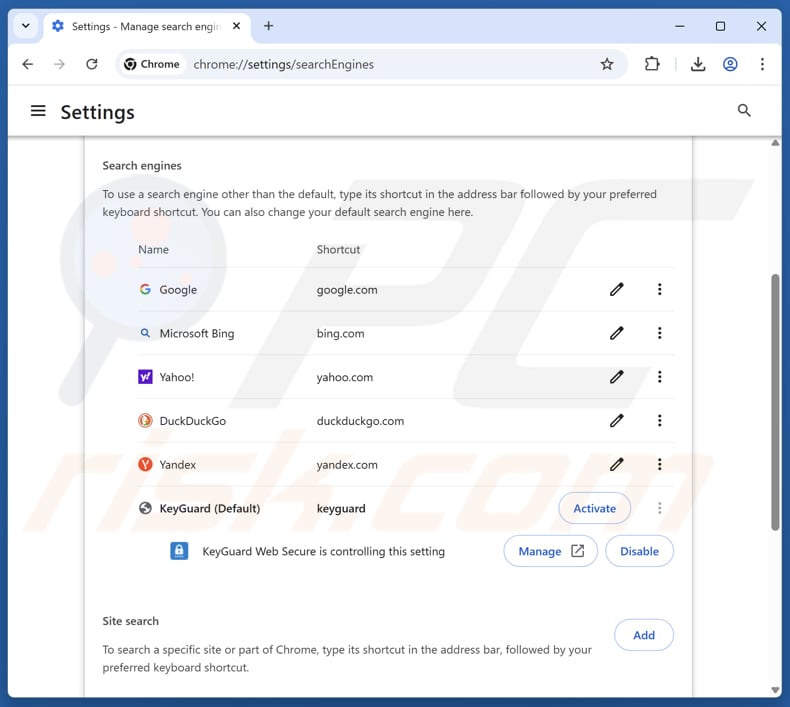 Usuwanie keyguard-websecure.com z domyślnej wyszukiwarki Google Chrome