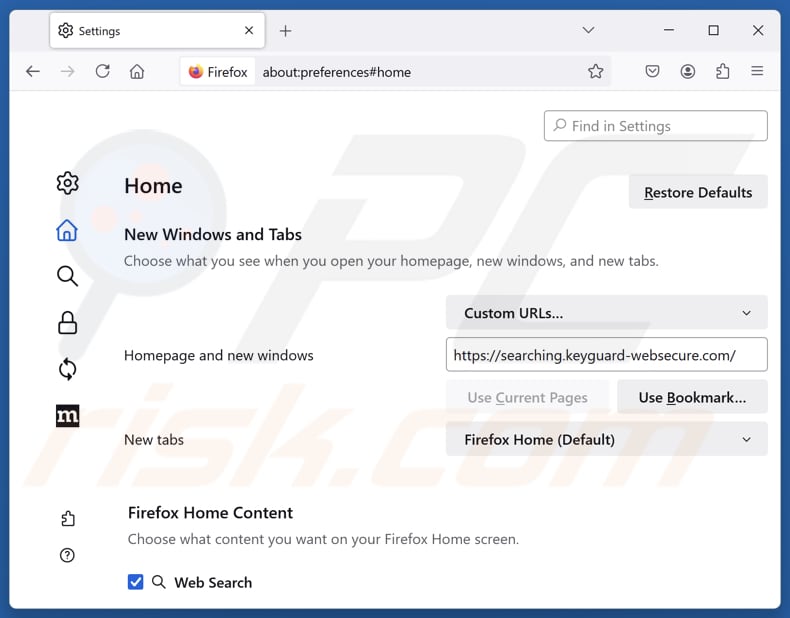 Usuwanie keyguard-websecure.com ze strony głównej przeglądarki Mozilla Firefox