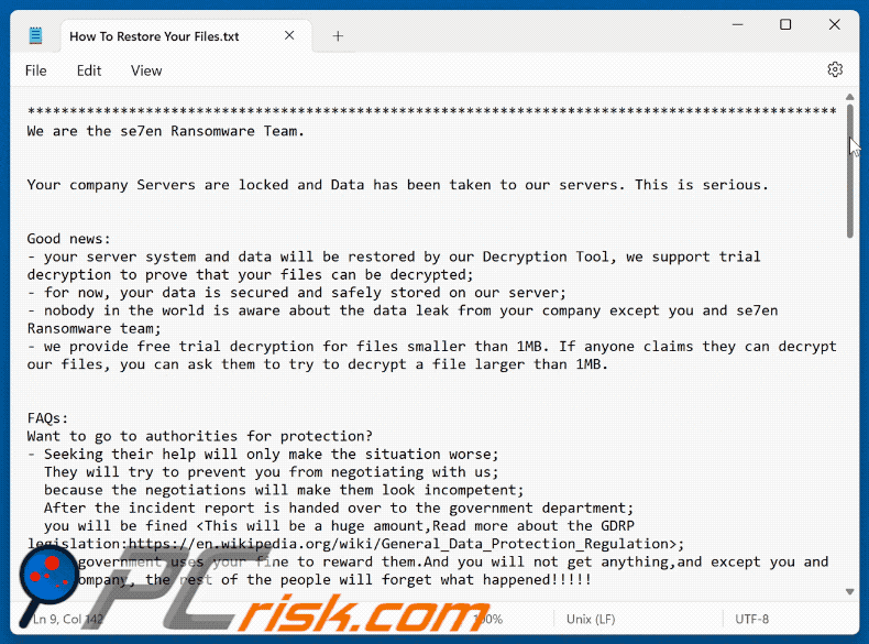 Plik tekstowy ransomware Se7en (How To Restore Your Files.txt)
