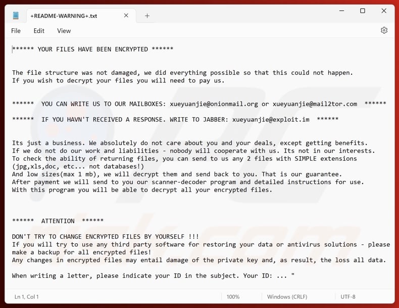 Notatka ransomware AIR (Makop) (+README-WARNING+.txt)