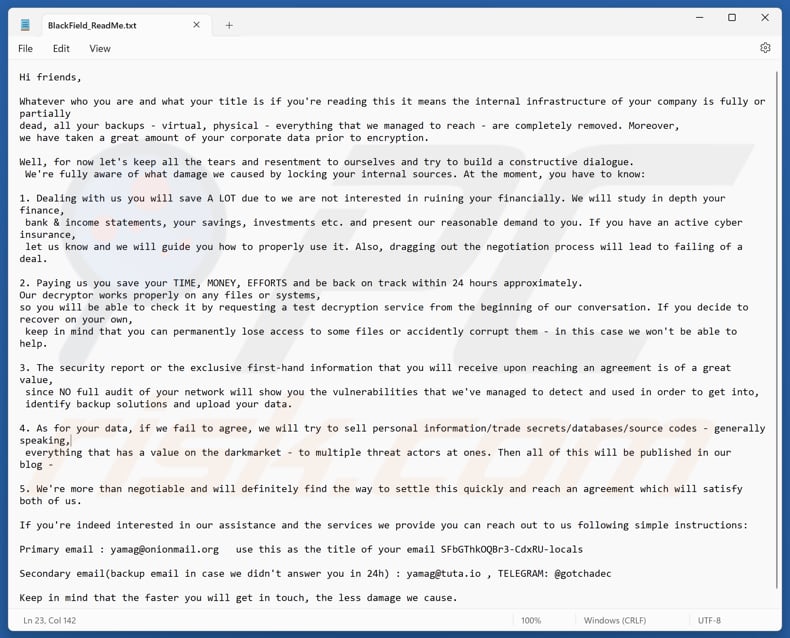 Plik tekstowy ransomware BlackFL (BlackField_ReadMe.txt)