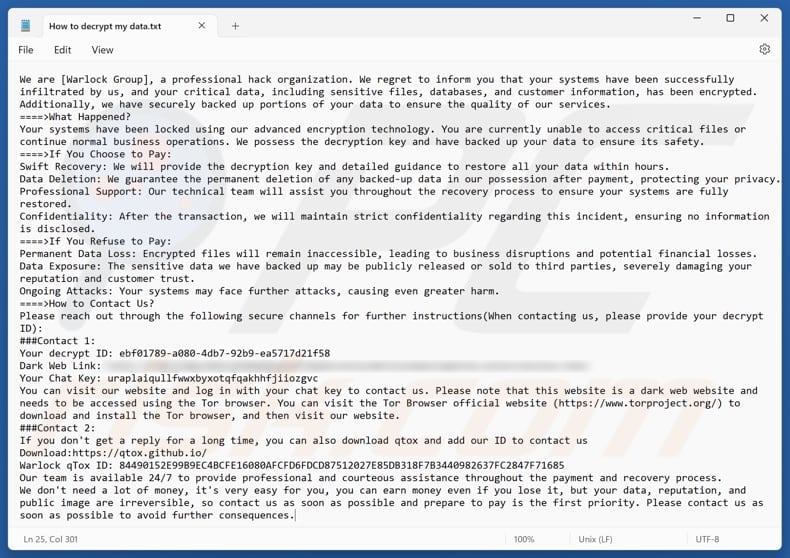 Plik tekstowy ransomware Warlock Group (How to decrypt my data.txt)