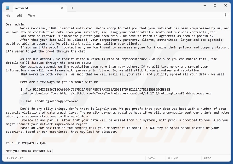 Cephalus ransomware żądanie okupu (recover.txt)