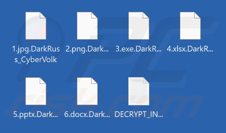 Pliki zaszyfrowane przez oprogramowanie ransomware DarkNetRuss (rozszerzenie .DarkRuss_CyberVolk)