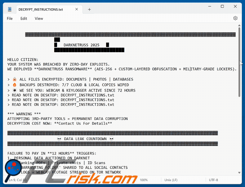 Wiadomość z żądaniem okupu DarkNetRuss Ransomware (DECRYPT_INSTRUCTIONS.txt)