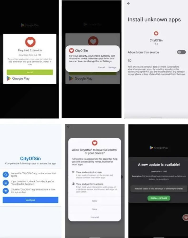 Ekrany DoubleTrouble wyświetlane podczas instalacji (źródło: zimperium.com)