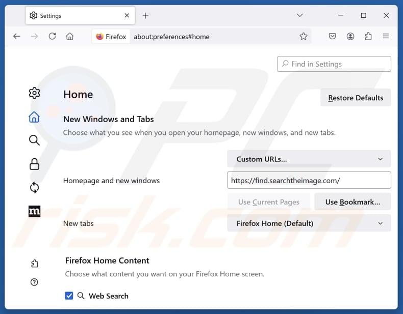 Usuwanie find.searchtheimage.com ze strony głównej przeglądarki Mozilla Firefox