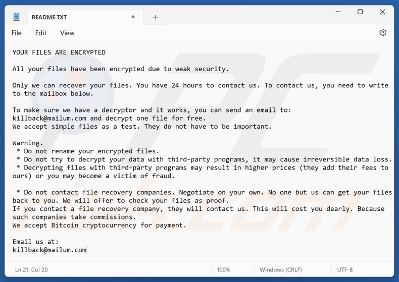 Plik tekstowy ransomware KillBack (README.TXT)