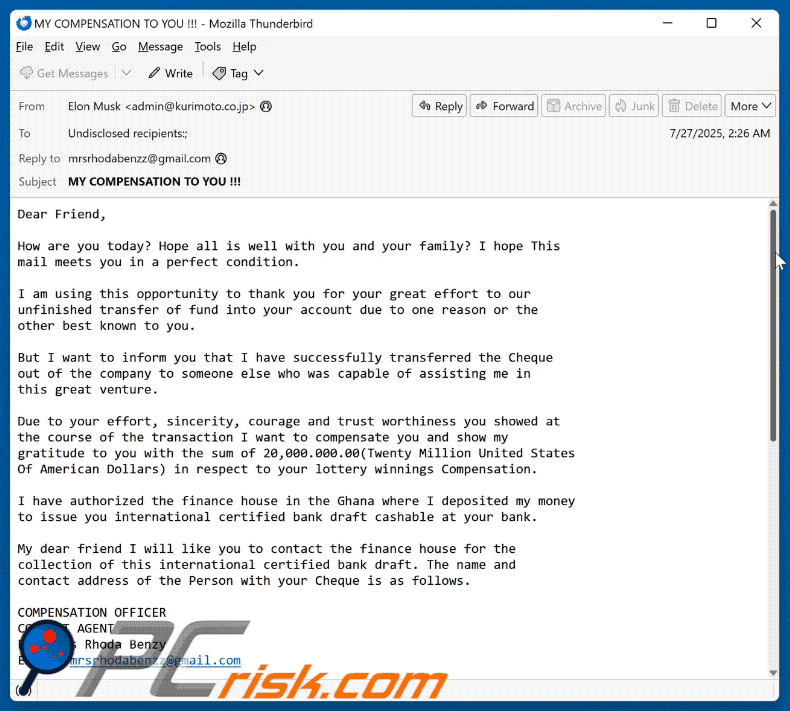 Wygląd oszukańczej wiadomości e-mail dotyczącej odszkodowania za wygraną na loterii