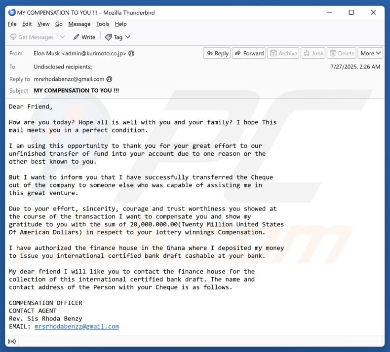 Lottery Winnings Compensation kampania spamowa