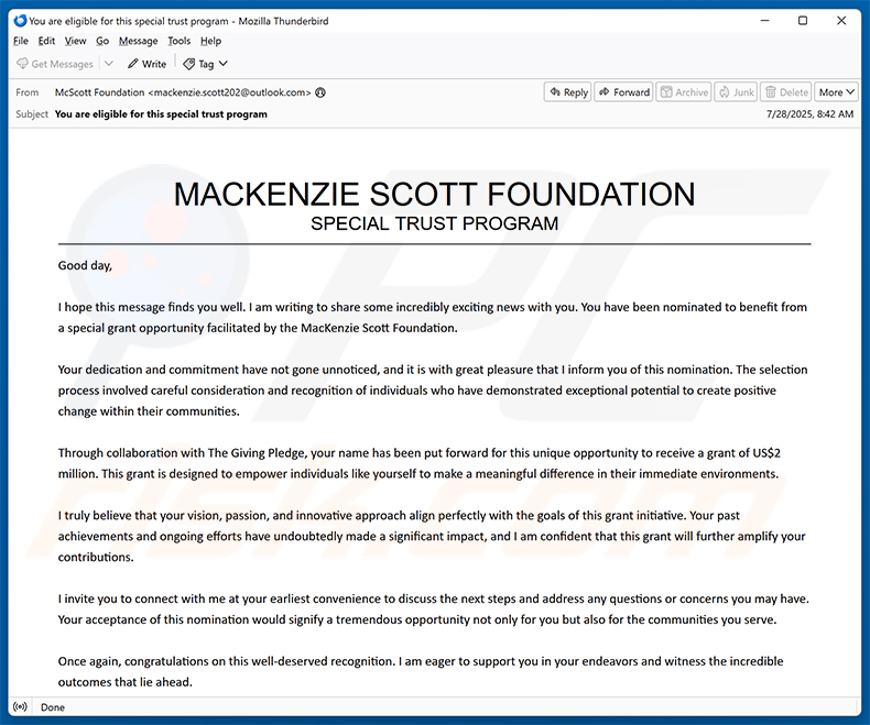 Oszustwo e-mailowe Mackenzie Scott Foundation (2025-08-06)