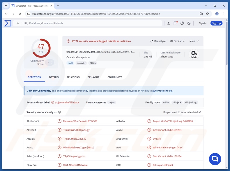 Wykrycie złośliwego oprogramowania QuirkyLoader w serwisie VirusTotal