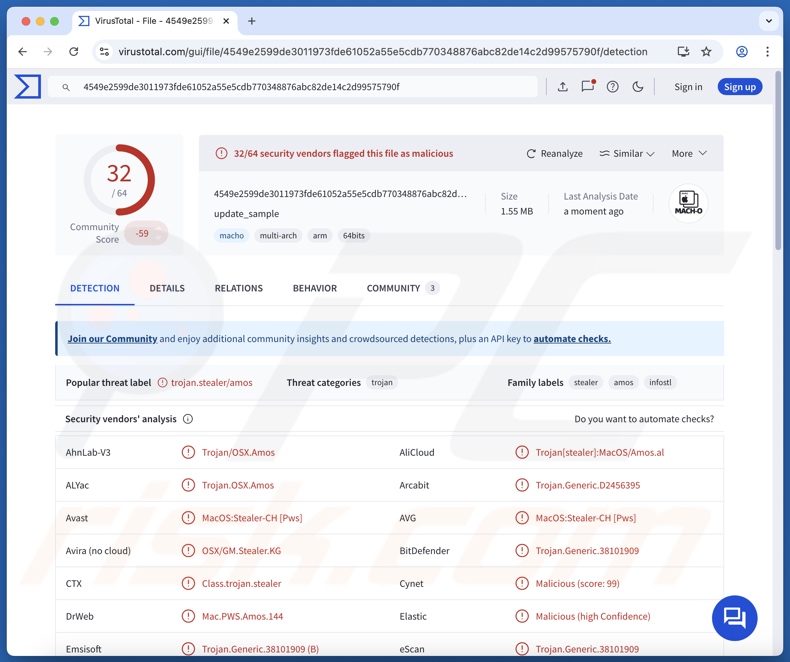 Wykrycie złośliwego oprogramowania Shamos w serwisie VirusTotal